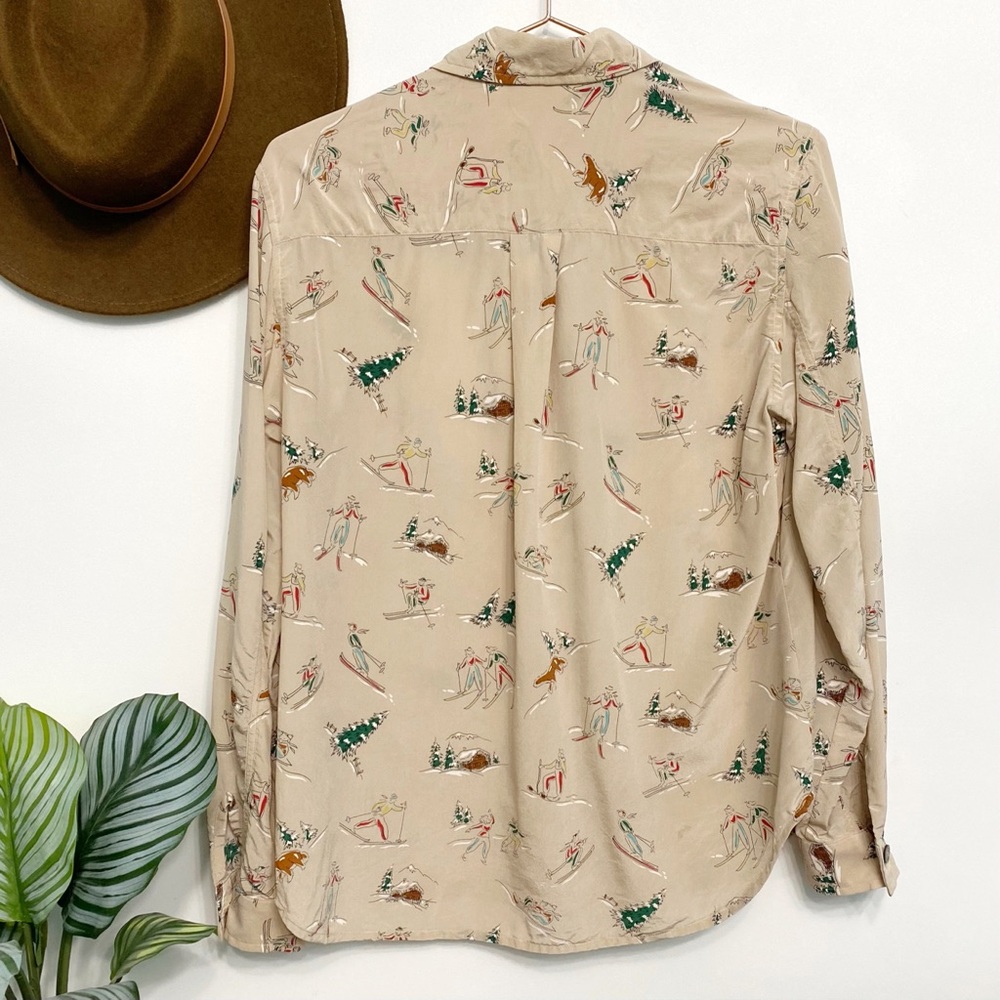 vintage | evan piccone skiing skating winter fun print silk blouse m - Picture 8 of 12